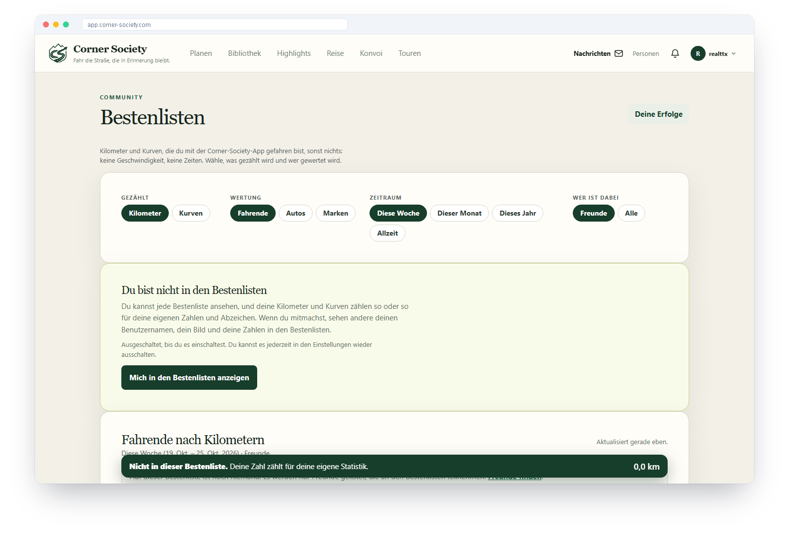 Bestenlisten, Abzeichen und Garage